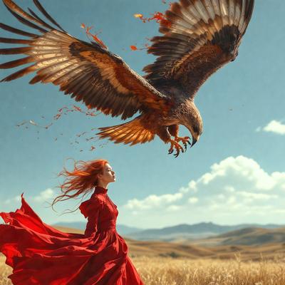 The primary subject of the image is a woman in a red dress, who is standing in a field with a bird flying above her. The setting is an outdoor environment with a mountain in the background. The visual style of the image is a combination of photo and digital art, creating a unique and artistic representation of the scene. The colors in the image are predominantly red and orange, giving the scene a warm and vibrant atmosphere.